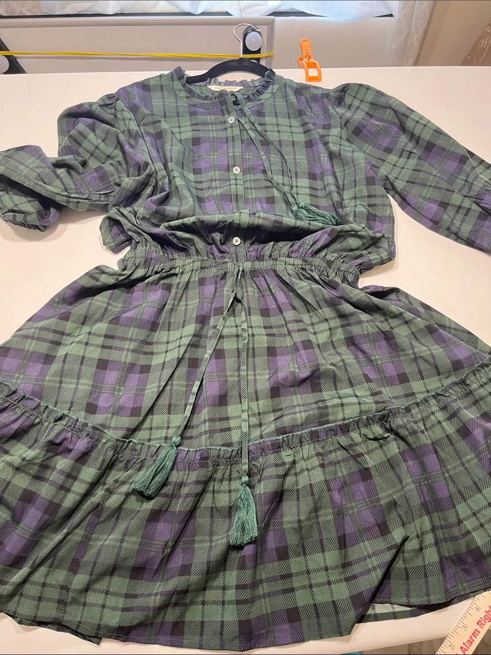 Simply Southern Plaid Tassel Tiered Mini Dress Green Purple Size M